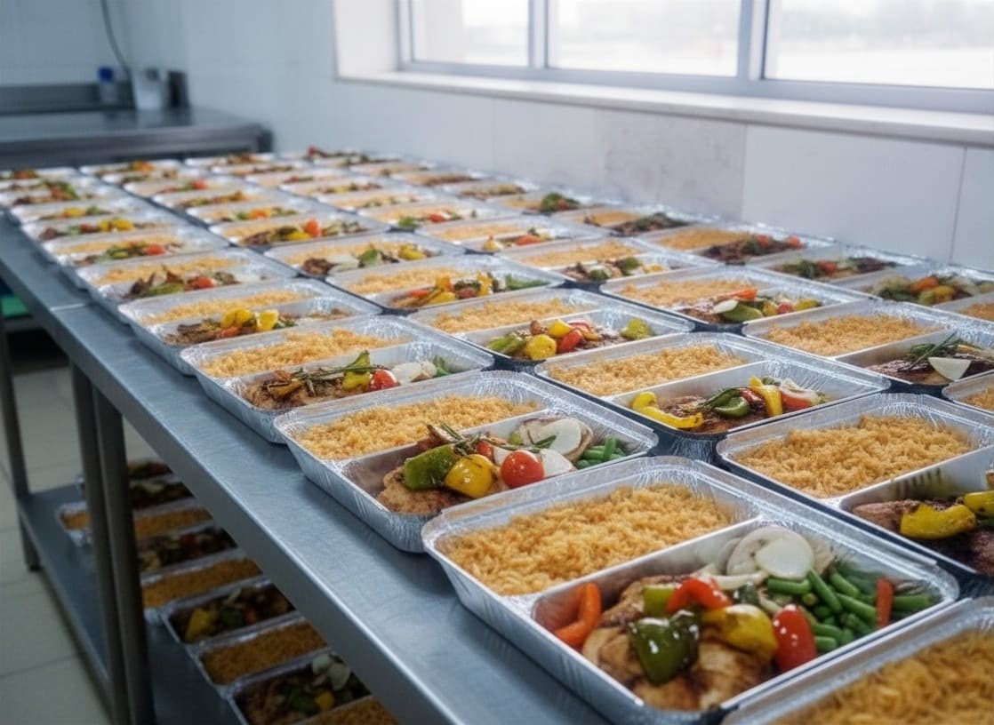 Rows of freshly prepared airline meal trays moving through Concord's production line